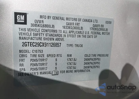 2009 GMC Sierra 1500 Sle z USA, uszkodzony, nr VIN 2GTEC29CX91126857